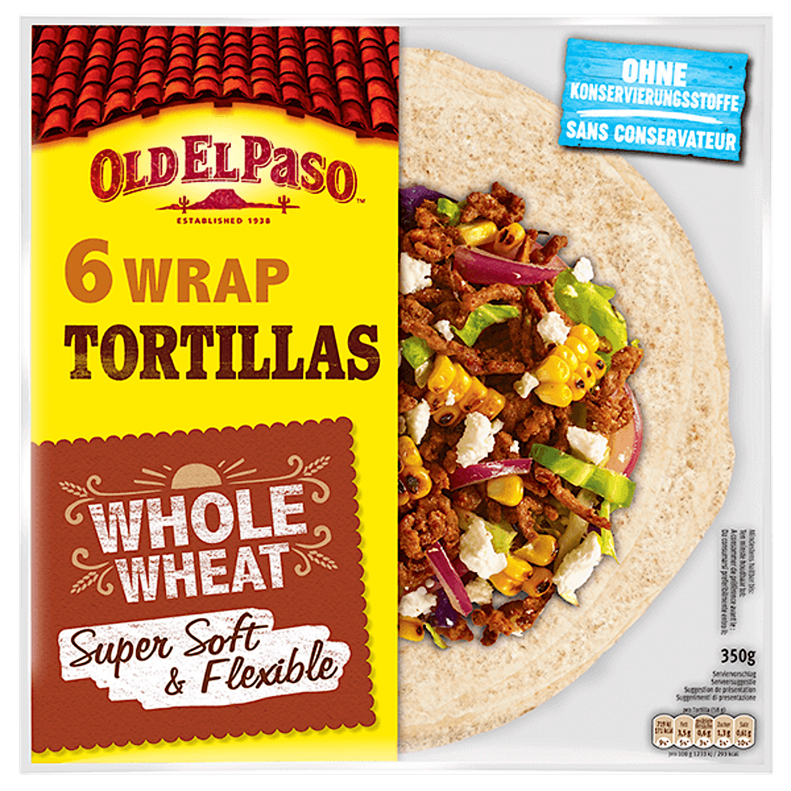 eine Packung Old El Paso 6 Wraps Vollkorntortilla, 350g